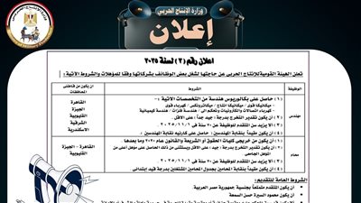 وظائف وزارة الإنتاج الحربي 2025: مطلوب مهندسين ومحامين والتقديم لمدة أسبوعين 