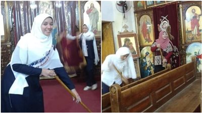 تداول صور فتيات مسلمات ينظفن كنيسة بالمنيا بالتزامن مع دعوات تحريم تهنئة الأقباط بعيد الميلاد