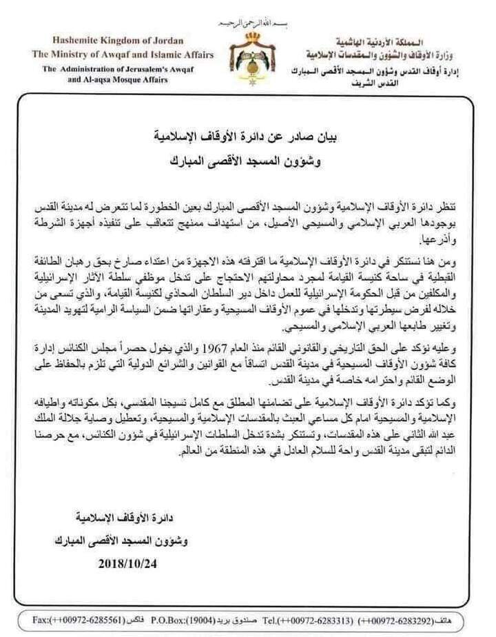 عاجل بيان قوي من دائرة الأوقاف الإسلامية والمسجد الأقصى بعد الاعتداء علي الرهبان أمام دير سلطان
