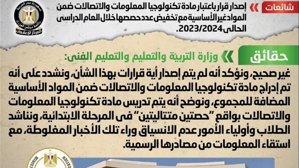 التعليم تكشف حقيقة إلغاء مادة من المواد الأساسية بالمرحلة الابتدائية وتخفيض عدد حصصها